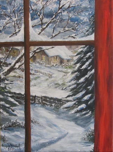 Winter scene of snow covered trees, garden and road viewed from inside house. Acrylics on canvas.
